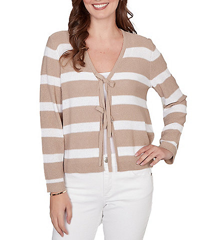 Ruby Rd. Petite Size Stripe V-Neck Long Sleeve Tie-Front Sweater