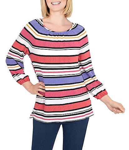Ruby Rd. Petite Size Striped Print 3/4 Sleeve Crinkled Knit Top