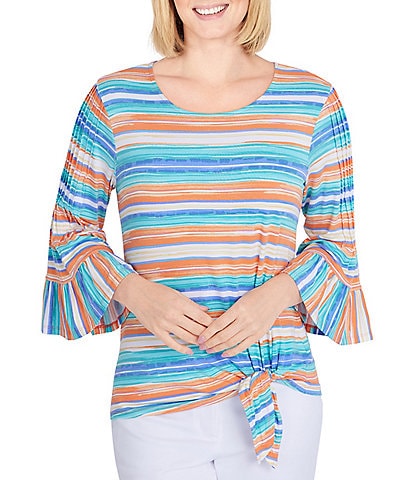 Ruby Rd. Petite Size Striped Print Scoop Neck Pleat Bell Sleeve Tie Front Shirt