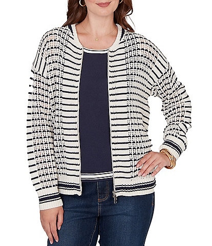 Ruby Rd. Petite Size Striped Ribbed Long Sleeve Mesh Zip-Up Sweater