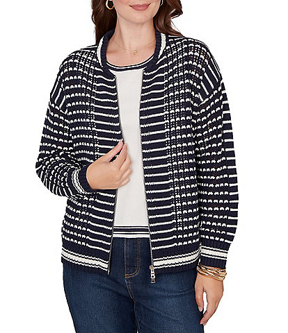 Ruby Rd. Petite Size Striped Ribbed Long Sleeve Mesh Zip-Up Sweater