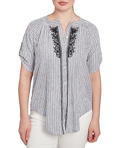 Ruby Rd. Petite Size Super Soft Puckered Embroidered Stripe Button Front Shirt