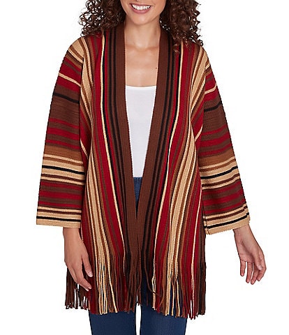 Ruby Rd. Petite Size Sweater Knit Multi-Stripe Print  Bracelet Sleeve Open-Front Fringed Hem Cardigan