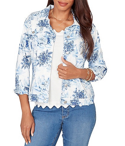 Ruby Rd. Petite Size Tencel™ Toile Print Point Collar Bracelet Roll Sleeve Button-Front Jacket
