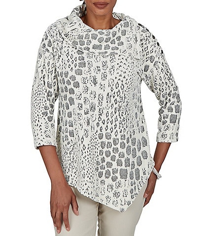 Ruby Rd. Petite Size Textured Animal Jacquard Split Cowl Neck 3/4 Sleeve Asymmetric Hem Sweater