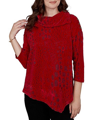 Ruby Rd. Petite Size Textured Animal Jacquard Split Cowl Neck 3/4 Sleeve Asymmetric Hem Sweater