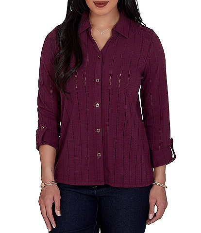 Ruby Rd. Petite Size Textured Dobby Vertical Stripe Point Collar Long Roll-Tab Sleeve Button-Front Shirt