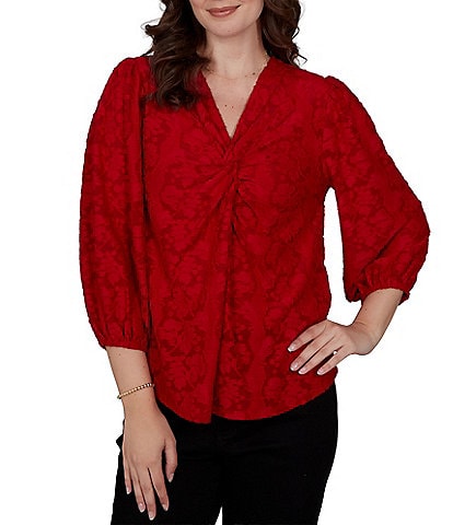 Ruby Rd. Petite Size Textured Floral Clip Jacquard V-Neck 3/4 Sleeve Top