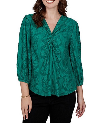 Ruby Rd. Petite Size Textured Floral Clip Jacquard V-Neck 3/4 Sleeve Top