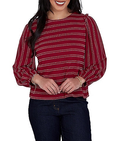 Ruby Rd. Petite Size Textured Knit Dobby Stripe Crew Neck Bracelet Length Sleeve Top