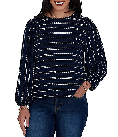 Ruby Rd. Petite Size Textured Knit Dobby Stripe Crew Neck Bracelet Length Sleeve Top