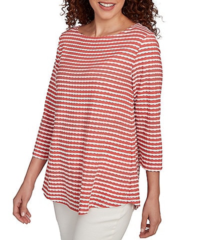 Ruby Rd. Petite Size Textured Knit Stripe Print Square Neck 3/4 Sleeve Top