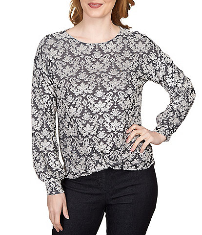 Ruby Rd. Petite Size Textured Tapestry Print Knit Long Sleeve Twist Front Hem Top
