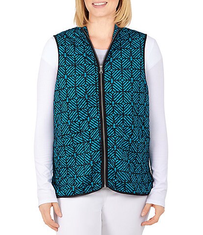 Ruby Rd. Petite Size Tiled Quilt Print Stand Collar Sleeveless Zip Front Shirttail Hem Vest
