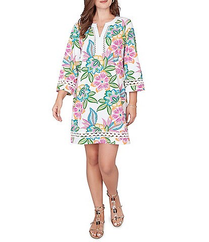 Ruby Rd. Petite Size Tropical Floral Split V-Neck 3/4 Sleeve Shift Dress