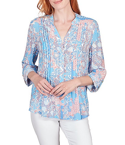 Ruby Rd. Petite Size Tropical Mixed Print Band Notch V-Neck Roll-Tab Sleeve Pleat Button-Front Shirt