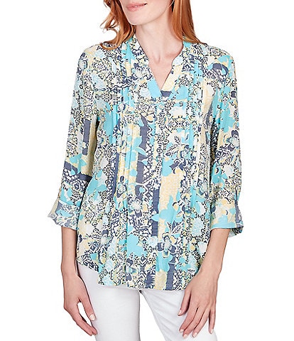 Ruby Rd. Petite Size Tropical Mixed Print Band Notch V-Neck Roll-Tab Sleeve Pleat Button-Front Shirt