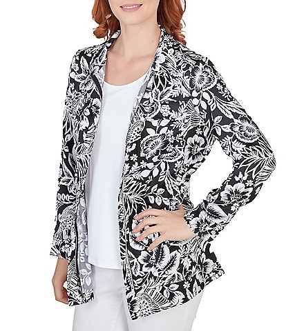 Ruby Rd. Petite Size Tropical Print Point Collar Snap Zip Front Jacket