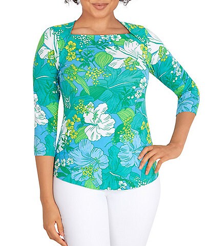 Ruby Rd. Petite Size Tropical Print Square Neck 3/4 Sleeve Top
