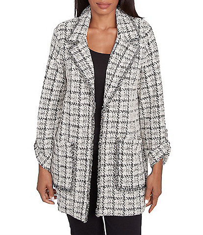 Ruby Rd. Petite Size Tweed Metallic Plaid Notch Lapel Collar Long Roll-Tab Sleeve Open-Front Jacket