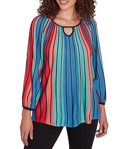 Ruby Rd. Petite Size Multicolor Vertical Stripe Sweater Knit Ballet Keyhole Neck Bracelet Sleeve Top