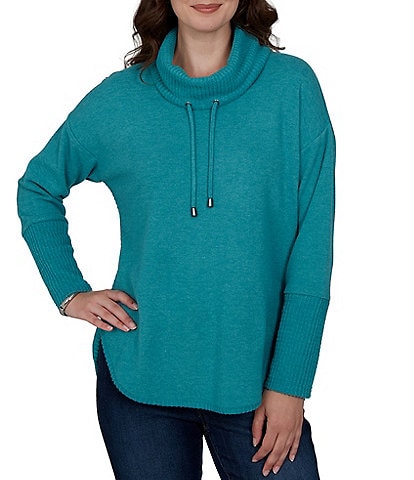Ruby Rd. Petite Size Waffle Knit Drawstring Draped Cowl Neck Long Sleeve Top