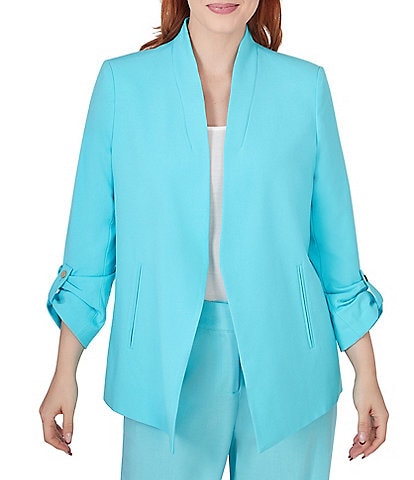 Ruby Rd. Petite Size Wing Lapel Collar Long Roll-Tab Sleeve Open-Front Jacket