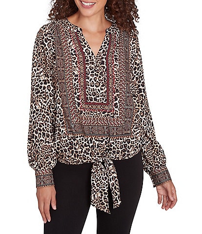 Ruby Rd. Petite Size Woven Beaded Animal Print Split V-Neck Long Blouson Sleeve Tie-Front Top