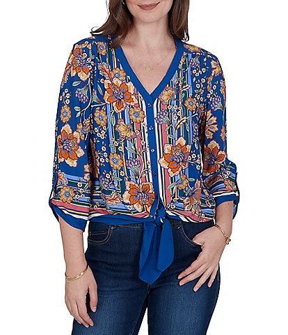 Ruby Rd. Petite Size Woven Floral Vines V-Neck 3/4 Sleeve Top