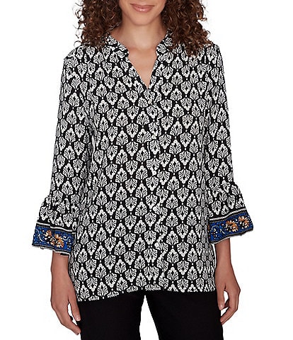 Ruby Rd. Petite Size Woven Ikat Border Print Band Neck 3/4 Sleeve Button-Front Top