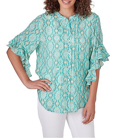 Ruby Rd. Petite Size Woven Ikat Geo Print Banded Collar Short Ruffled Sleeve Button-Front Top