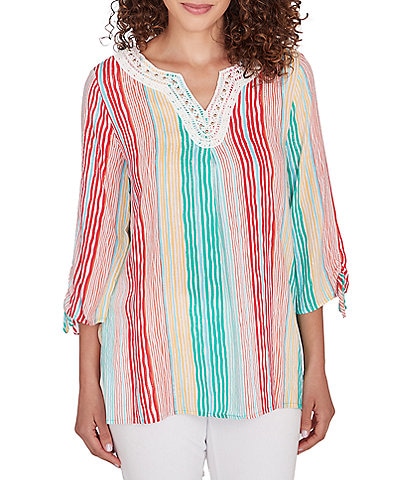 Ruby Rd. Petite Size Woven Metallic Wavy Stripe Embroidered Split V-Neck 3/4 Sleeve Top