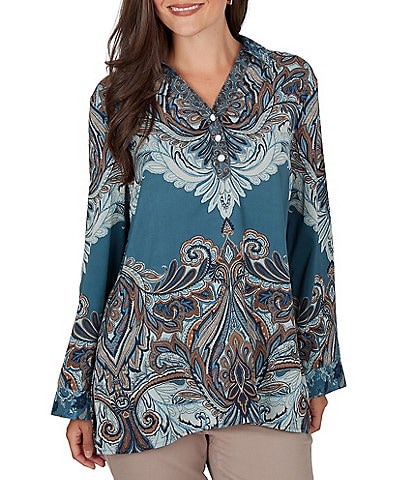Ruby Rd. Petite Size Woven Painted Scarf Paisley Bloom Collared V-Neck Long Sleeve Top
