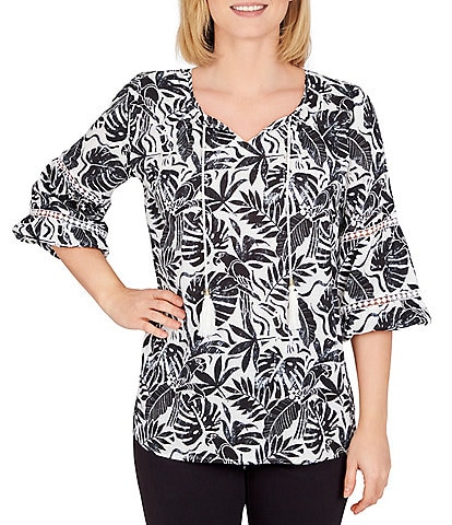 Ruby Rd. Petite Size Woven Pleated Tassel Tie V-Neck 3/4 Trim Sleeve Leaf Printed Top