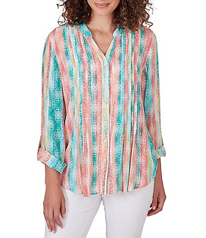 Ruby Rd. Petite Size Woven Stripe Banded Collar 3/4 Roll-tab Sleeve Pintuck Button-Front Shirt