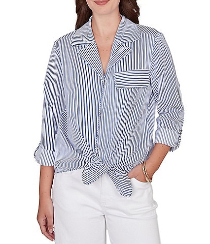 Ruby Rd. Petite Size Woven Stripe Notch Lapel Collar Long Roll-Tab Sleeve Tie-Front Shirt