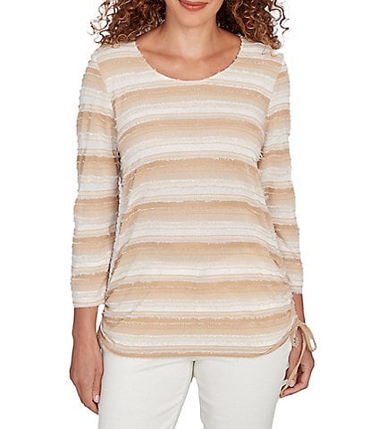 Ruby Rd. Petite Size Yarn-Dyed Eyelash Stripe Scoop Neck 3/4 Sleeve Adjustable Side Ties Top