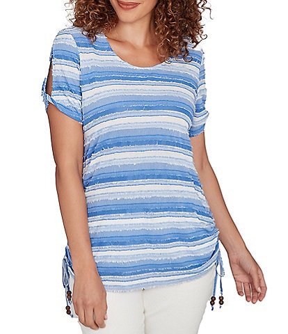 Ruby Rd. Petite Size Yarn-Dyed Knit Stripe Scoop Neck Short Sleeve Side Ties Top