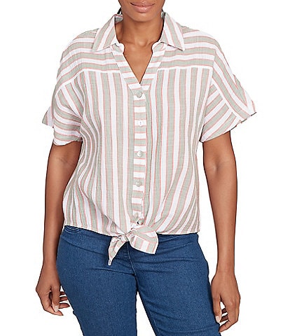 Ruby Rd. Petite Size Yarn-Dyed Woven Stripe Collared V-Neck Short Sleeve Button Front Shirt