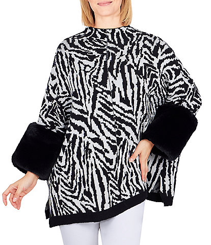 Ruby Rd. Petite Size Zebra Print Jacquard Knit Mock Neck Faux Fur Cuff Oversized Sweater