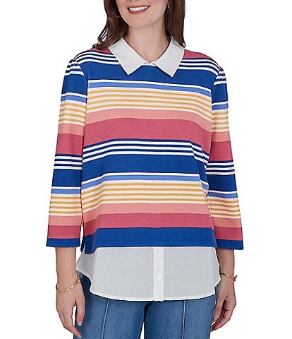 Ruby Rd. Pique Knit Game Stripe Layered Point Collar 3/4 Sleeve Top