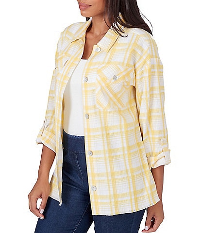 Ruby Rd. Plaid Crepe Roll-Tab Sleeve Patch Pocket Button-Front Shirt Jacket