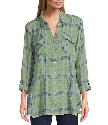 Ruby Rd. Plaid Print Woven Point Collar Long Roll-Tab Sleeve Button Front Shirt