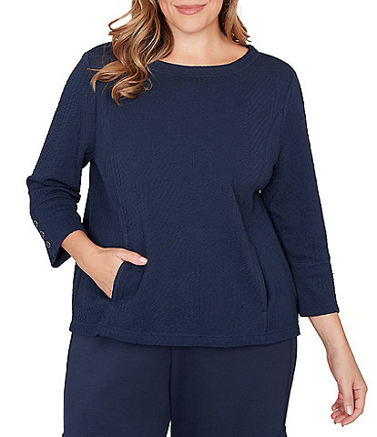 Ruby Rd. Plus Size Abstract Textured Pucker Knit Scoop Neck 3/4 Sleeve Top
