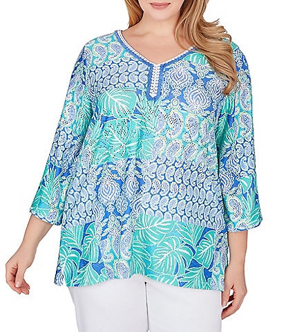 Ruby Rd. Plus Size Allover Eyelet Printed Scalloped Lace V-Neck 3/4 Criss-Cross Sleeve Top