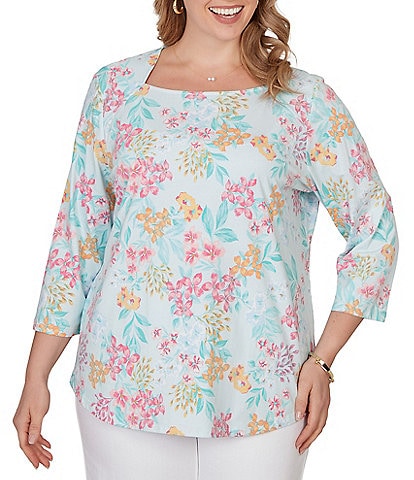 Ruby Rd. Plus Size Allover Floral Envelope Neck 3/4 Sleeve Knit Top