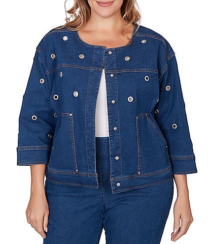 Ruby Rd. Plus Size Allover Grommet Accents 3/4 Sleeve Extra Stretch Denim Jacket
