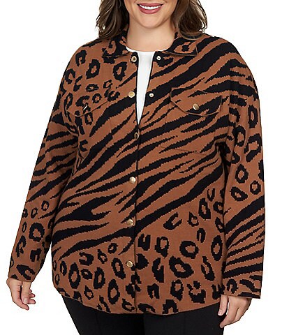 Ruby Rd. Plus Size Animal Mixed Print Sweater Knit Snap Front Shirt Jacket