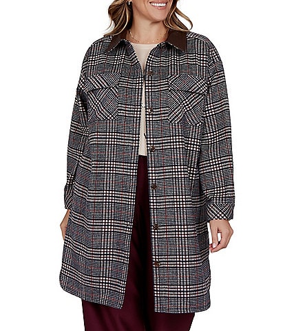 Ruby Rd. Plus Size Basket Weave Brushed Plaid Faux Leather Collar Long Sleeve Button Front Jacket