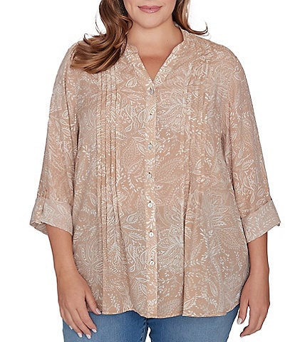 Ruby Rd. Plus Size Batik Floral Print Woven Band Notch Neck Roll-Tab Sleeve Pleat Front Button Down Top